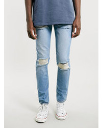 Topman Light Blue Blow Out Knee Classic Skinny Jeans