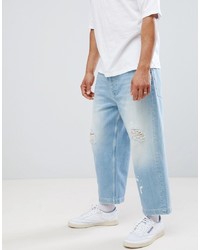 ASOS DESIGN Wide Leg Cropped Jeans In Light Wash Blue With Rips