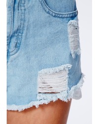 Missguided Nicole High Waisted Ripped Detail Denim Shorts Light Blue