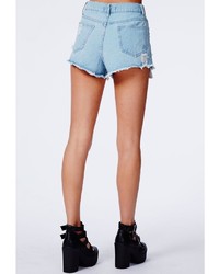 Missguided Nicole High Waisted Ripped Detail Denim Shorts Light Blue