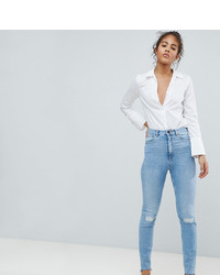 Asos Tall Asos Design Tall Farleigh High Waist Slim Mom Jeans In Light Vintage Wash With Busted Knee And Rip Repair Detail
