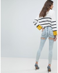 ASOS DESIGN Asos Lisbon Skinny Midrise Jeans In Patience Light Wash With Bum Rips In Ankle Grazer Length