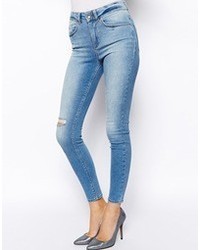 Asos Ridley High Waist Ultra Skinny Ankle Grazer Jeans In Blake Light Wash Blue With Ripped Knee Blake Light Wash