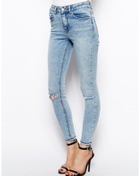 Asos Ridley High Waist Ultra Skinny Ankle Grazer Jeans In Promise Light Wash Blue With Let Down Hem And Ripped Knees Light Stonewash
