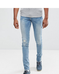 ASOS DESIGN Asos Tall Super Skinny Jeans With Abrasions In Mid Wash Blue