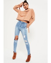 Missguided Blue Highwaisted Ripped Skinny Jeans