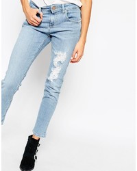 Asos Collection Kimmi Shrunken Boyfriend Jeans In Veena Light Wash With Shredded Rip