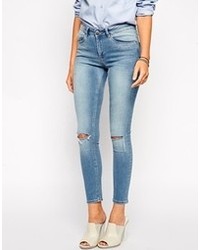 Asos Collection Lisbon Skinny Mid Rise Ankle Grazer Jeans In Brooklyn Light Wash Blue With Ripped Knees