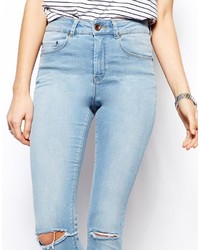Asos Collection Ridley Skinny Ankle Grazer Jeans In Watercolour Light Wash Blue With Ripped Knees