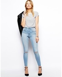 Asos Collection Ridley Skinny Ankle Grazer Jeans In Watercolour Light Wash Blue With Ripped Knees