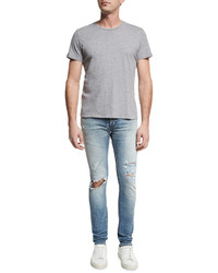 Saint Laurent Dirty Distressed Skinny Jeans With Blowout Knee Blue
