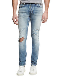 Saint Laurent Dirty Distressed Skinny Jeans With Blowout Knee Blue