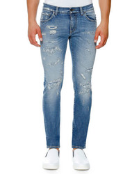 Dolce & Gabbana Distressed Stretch Denim Skinny Jeans Light Blue