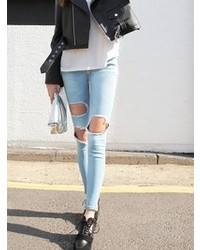 Choies Elastical Slim Jeans With Ripped Knee