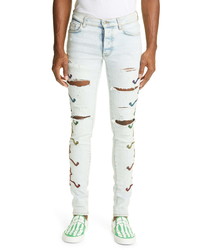 Amiri Grateful Dead Dancing Skeleton Embroidered Ripped Skinny Jeans