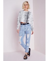 Missguided Slim Fit Extreme Rip Mom Jeans Bleached Blue