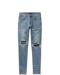 Amiri Mx1 Skinny Fit Leather Panelled Distressed Stretch Denim Jeans