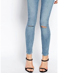 Asos Ridley Skinny Ankle Grazer Jeans In Penny Midwash Blue With Ripped Knees