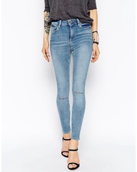 Asos Ridley Skinny Ankle Grazer Jeans In Penny Midwash Blue With Ripped Knees
