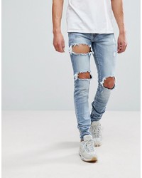 Sixth June Skinny Fit Jeans In Midwash Blue With Distressing And Tab