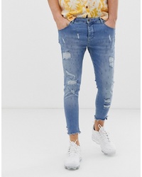 Siksilk Skinny Jeans In Blue With Raw Cuff