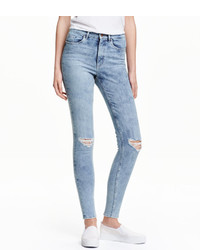 H&M Slim High Ankle Trashed Jeans Light Denim Blue Ladies