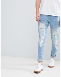 LDN DNM Spray On Jeans With Rips In Mid Wash Indigo