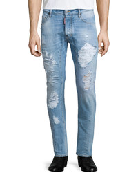 DSQUARED2 Super Distressed Skinny Leg Denim Jeans Light Blue