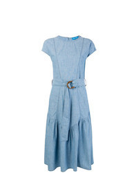 Light Blue Ruffle Chambray Midi Dress