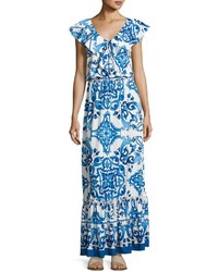 Neiman Marcus Tile Print Ruffled Maxi Dress Blue Pattern