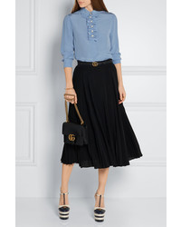 Gucci Faux Pearl Embellished Ruffle Trimed Silk Crepe De Chine Blouse Sky Blue