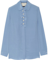 Gucci Faux Pearl Embellished Ruffle Trimed Silk Crepe De Chine Blouse Sky Blue