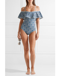 Karla Colletto Cold Shoulder Ruffled Printed Swimsuit Blue