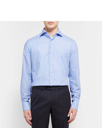 Ermenegildo Zegna Blue Slim Fit Cutaway Collar End On End Cotton Shirt