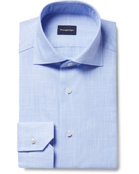 Ermenegildo Zegna Blue Slim Fit Cutaway Collar End On End Cotton Shirt