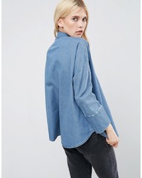 Asos Denim Shirt With Batwing Sleeve In Mid Blue Wash
