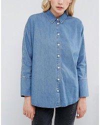 Asos Denim Shirt With Batwing Sleeve In Mid Blue Wash