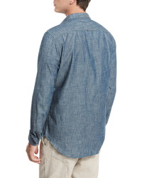 Vince Distressed Chambray Utility Shirt Blue