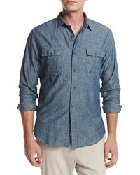 Vince Distressed Chambray Utility Shirt Blue