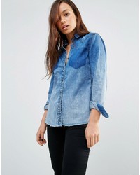 Blank NYC Faded Denim Shirt With Raw Hem And Distressing