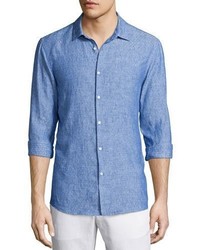 Michael Kors Michl Kors Textured Dobby Slim Fit Linen Shirt Blue