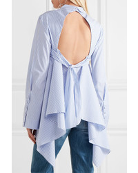 Off-White Open Back Embroidered Striped Cotton Poplin Shirt Light Blue