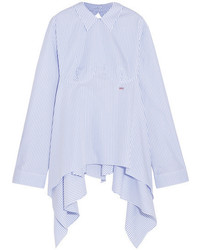 Off-White Open Back Embroidered Striped Cotton Poplin Shirt Light Blue