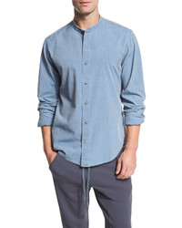 Vince Raw Stand Collar Chambray Shirt Blue