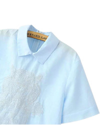 Choies Light Blue Short Sleeve Shirt With Embroidery Tiger