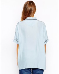 Ganni Seersucker Silk Short Sleeve Shirt