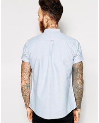 Asos Brand Oxford Shirt In Blue With Short Sleeves And Grandad Collar