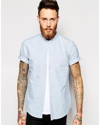 Asos Brand Oxford Shirt In Blue With Short Sleeves And Grandad Collar
