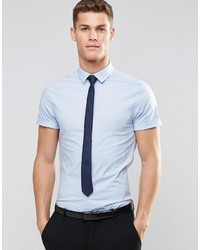 Asos Brand Skinny Shirt In Blue With Short Sleeves And Navy Tie Pack Save 15%