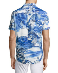 Versace Collection Watercolor Baroque Short Sleeve Sport Shirt Blue